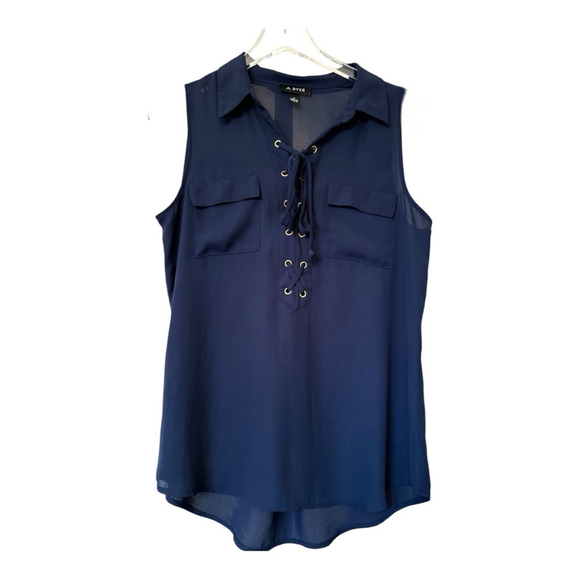 A. Byer Tops - EUC Women's A. Byer Lace- up Sleeveless Navy Blue Blouse Size Medium M